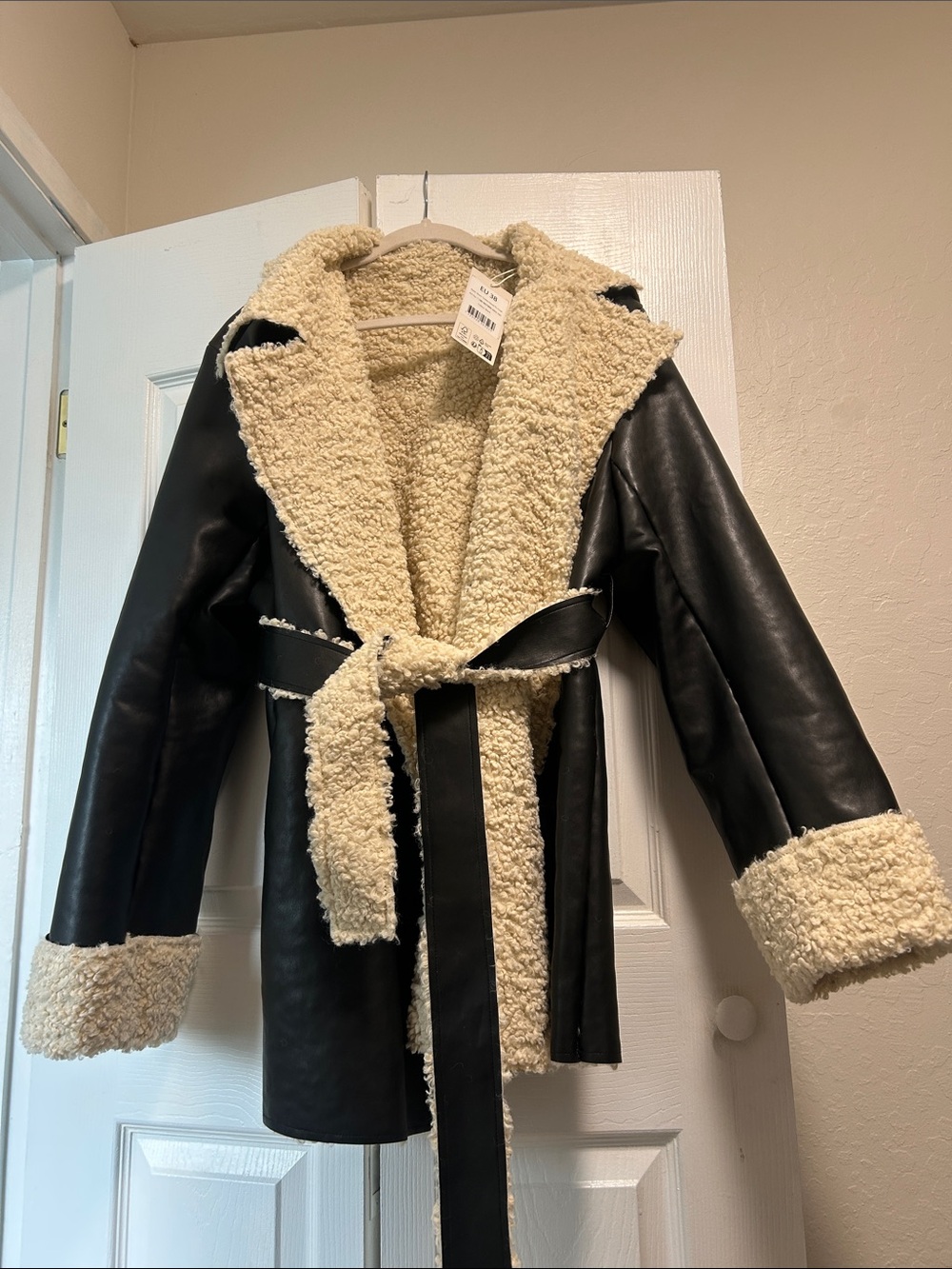 Faux Leather Black Sherpa-Lined Belted Coat